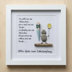 Steinbild Geldgeschenk zur Einschulung – Personalisiertes Unikat mit Natursteinen & Schultüte, STB-227