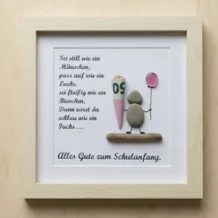 Steinbild Geldgeschenk zur Einschulung – Personalisiertes Unikat mit Natursteinen & Schultüte, STB-227