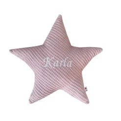 Sternenkissen aus Waffelpique mit Namen personalisiert in rosa, Rückseite Baumwoll Frottee