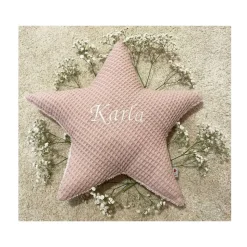 Sternenkissen aus Waffelpique mit Namen personalisiert in rosa, Rückseite Baumwoll Frottee