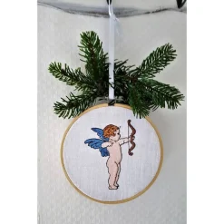 Stickbild im Rahmen Engel mit Bogen oder Flöte GESTICKT Leinen.