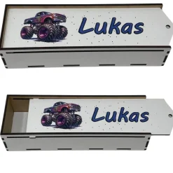 Stiftebox aus Holz personalisiert | Geschenk Einschulung| Federmäppchen Stifte Etui | Stifthalter Monstertruck