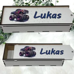 Stiftebox aus Holz personalisiert | Geschenk Einschulung| Federmäppchen Stifte Etui | Stifthalter Monstertruck