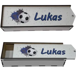 Stiftebox aus Holz personalisiert | Geschenk Einschulung| Federmäppchen Stifte Etui | Stifthalter Fussball Blau
