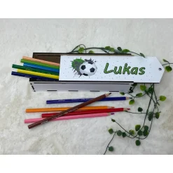 Stiftebox aus Holz personalisiert | Geschenk Einschulung| Federmäppchen Stifte Etui | Stifthalter Fussball Blau