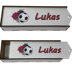 Stiftebox aus Holz personalisiert | Geschenk Einschulung| Federmäppchen Stifte Etui | Stifthalter Fussball Rot