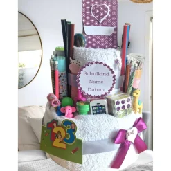 Stiftetorte Geschenk zur Einschulung für Mädchen Handtuchtorte Schultüte Schuleinführung erster Schultag