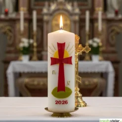 Strahl des Lebens – Handverzierte Osterkerze mit rotem Kreuz, Sonne & Alpha/Omega