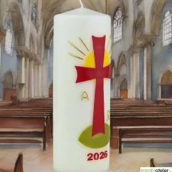 Strahl des Lebens – Handverzierte Osterkerze mit rotem Kreuz, Sonne & Alpha/Omega