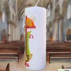 Strahlen der Hoffnung - Handgefertigte Osterkerze mit Kreuz, Segelschiff, Sonne, Alpha&Omega, Osterkerze religiös