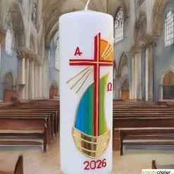 Strahlen der Hoffnung - Handgefertigte Osterkerze mit Kreuz, Segelschiff, Sonne, Alpha&Omega, Osterkerze religiös