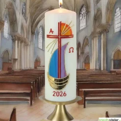 Strahlen der Hoffnung - Handgefertigte Osterkerze mit Kreuz, Segelschiff, Sonne, Alpha&Omega, Osterkerze religiös