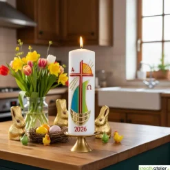 Strahlen der Hoffnung - Handgefertigte Osterkerze mit Kreuz, Segelschiff, Sonne, Alpha&Omega, Osterkerze religiös