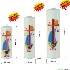 Strahlen der Hoffnung - Handgefertigte Osterkerze mit Kreuz, Segelschiff, Sonne, Alpha&Omega, Osterkerze religiös