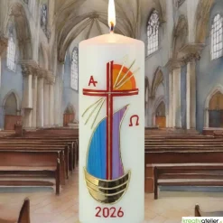Strahlen der Hoffnung - Handgefertigte Osterkerze mit Kreuz, Segelschiff, Sonne, Alpha&Omega, Osterkerze religiös