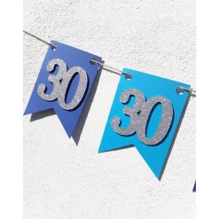 Super edle Girlande zum 30. Geburtstag Wimpelkette Girlande Dekoration Papierdeko Wimpel Silber und Blau Glitzer
