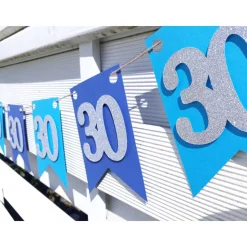 Super edle Girlande zum 30. Geburtstag Wimpelkette Girlande Dekoration Papierdeko Wimpel Silber und Blau Glitzer