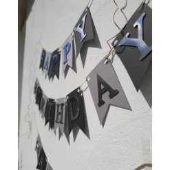 Super edle Girlande zum Geburtstag Happy Birthday auf Wunsch personalisiert mit Wunschnamen Silber Grau und Schwarz