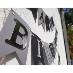 Super edle Girlande zum Geburtstag Happy Birthday auf Wunsch personalisiert mit Wunschnamen Silber Grau und Schwarz