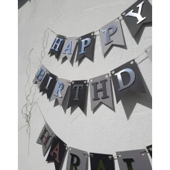 Super edle Girlande zum Geburtstag Happy Birthday auf Wunsch personalisiert mit Wunschnamen Silber Grau und Schwarz