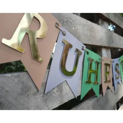 Super elegante Girlande zum Ruhestand / Rente / in Grün, Beige, Grau und Gold Glücksklee Abschied Willkommen im Ruhestan