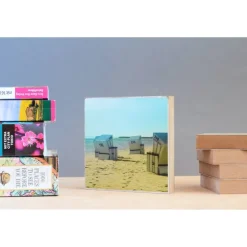 Sylt Insel maritim Meer Strand Strandkorb Foto auf Holz, im Quadrat, 13 x 13 cm Geschenk für Sie Holzbild Mitbringsel Geschenkidee