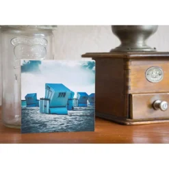 Sylt, Strandkorb, maritim, Meer, Nordsee, Chillen, Urlaub, Foto auf Holz, im Quadrat, 10 x 10 cm