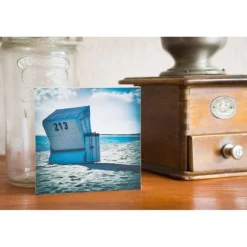 Sylt, Strandkorb, maritim, Meer, Nordsee, Chillen, Urlaub, Foto auf Holz, im Quadrat, 10 x 10 cm