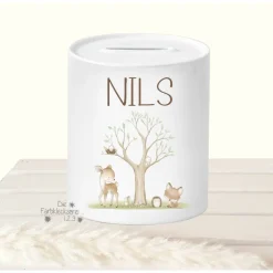 Tasse Kind personalisiert, Geschenk Geburtstag mit Namen, Kindertasse Waldtiere, Namenstasse Baum Reh Igel, Tasse Boho