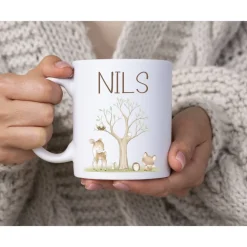 Tasse Kind personalisiert, Geschenk Geburtstag mit Namen, Kindertasse Waldtiere, Namenstasse Baum Reh Igel, Tasse Boho
