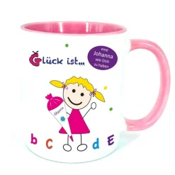 Tasse Schulkind mit Namen – personalisiertes Geschenk zur Einschulung, rosa, für Mädchen