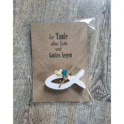 Taufe * Alles Gute * Gottes Segen * Karte mit Fisch * Keraflott * Türkise Trockenblumen