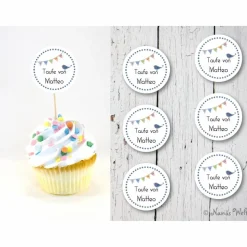 Taufe Set 6 Cupcake Topper personalisiert Flags Muffindeko mit individuellem Namen für Mädchen oder Jungen