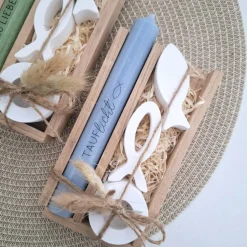 Taufe Taufgeschenk mit Fischen Kerzenhalter rund Geschenkset für Mädchen und Jungen Taufkerze zur heiligen Taufe