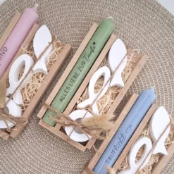 Taufe Taufgeschenk mit Fischen Kerzenhalter rund Geschenkset für Mädchen und Jungen Taufkerze zur heiligen Taufe