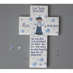 Taufgeschenk Junge: Handbemaltes Holzkreuz mit Schutzengel – Personalisiertes Kinderkreuz zur Taufe