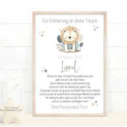 Taufgeschenk Patenkind personalisiert, Patenbrief Löwe mit Namen, Taufbrief Patentante Patenonkel