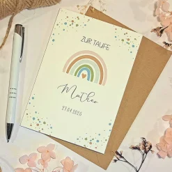 Taufkarte personalisiert Junge – Glückwunschkarte zur Taufe mit Namen & Datum – Regenbogen Karte A6 mit Umschlag