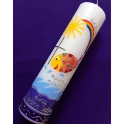 Taufkerze - bunter Fisch - Wasser - Mädchen - Kerze - Taufe - Handarbeit - keine Folie - inkl. Wachsbeschriftung