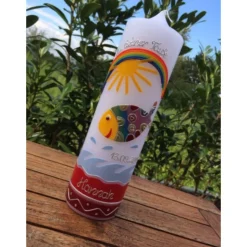 Taufkerze - bunter Fisch - Wasser - Mädchen - Kerze - Taufe - Handarbeit - keine Folie - inkl. Wachsbeschriftung