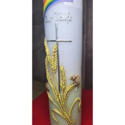 Taufkerze - Getreideähren, Kreuz, Regenbogen - Handverziert - Diverse Größen