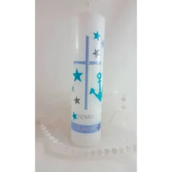 Taufkerze Anker hellblau , türkis , grau