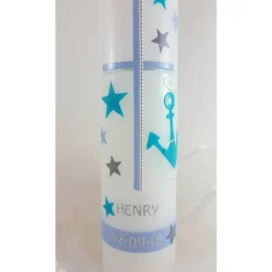 Taufkerze Anker hellblau , türkis , grau