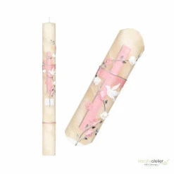 Taufkerze Bienenwachs mit Kreuz zweifarbig, Taube und Blumenranke, Taufkerze für Mädchen Jungen personalisierbar