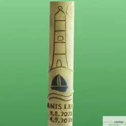 Taufkerze Bienenwachs mit Schiff, Wellen, Leuchtturm und Taube, handverziert und -geknetet, Taufkerze für Mädchen Jungen