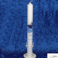 Taufkerze blau mit Wal, Wellen und Schiff, wunderschöne handverzierte Taufkerze für Jungen Walfisch, personalisierbar