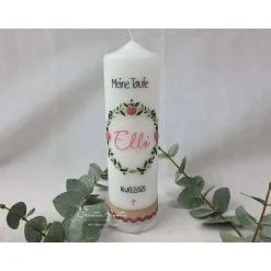 Taufkerze Blätterkranz & Patenkerze mit Rosen - Altrosa-Grün-Salbei-Eukalypthus-Natur