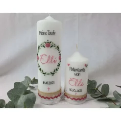 Taufkerze Blätterkranz & Patenkerze mit Rosen - Altrosa-Grün-Salbei-Eukalypthus-Natur