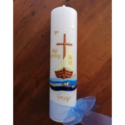 Taufkerze, Boot, Arche, Kreuz, Mädchen, Jungen, blau, braun, Schiff, Taube