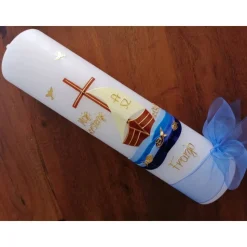 Taufkerze, Boot, Arche, Kreuz, Mädchen, Jungen, blau, braun, Schiff, Taube